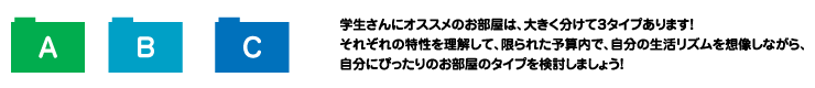 学生さんにオススメのお部屋は、大きく分けて3タイプあります。